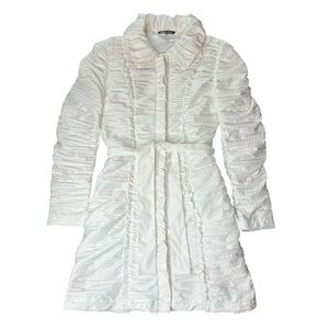 Samuel Dong Ivory White Ruffled Frill Button Belted Coat Jacket, Woman’s XSmall